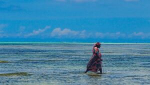 africká žena kráčí vodou při velkém odlivu na Zanzibaru