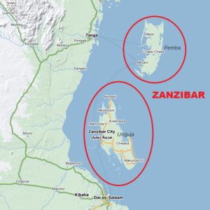 mapa s vyznačením ostrovů Unguja a Pemba jako souostroví Zanzibar