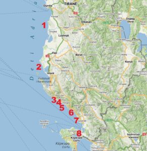 mapa s vyznačením nejkrásnějších pláží Albánie na albánské riviéře