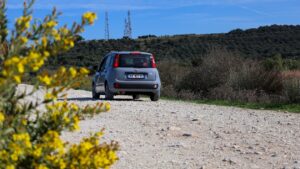 auto Fait Panda stojící na prašné cestě v Albánii v popředí trr žlutých květů